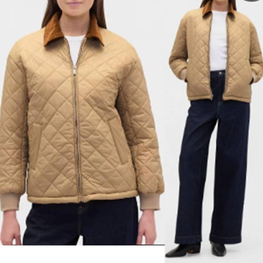 Gap Women's Relaxed Quilted Nylon Bomber Jacket Corduroy Collar WinterBeige $110